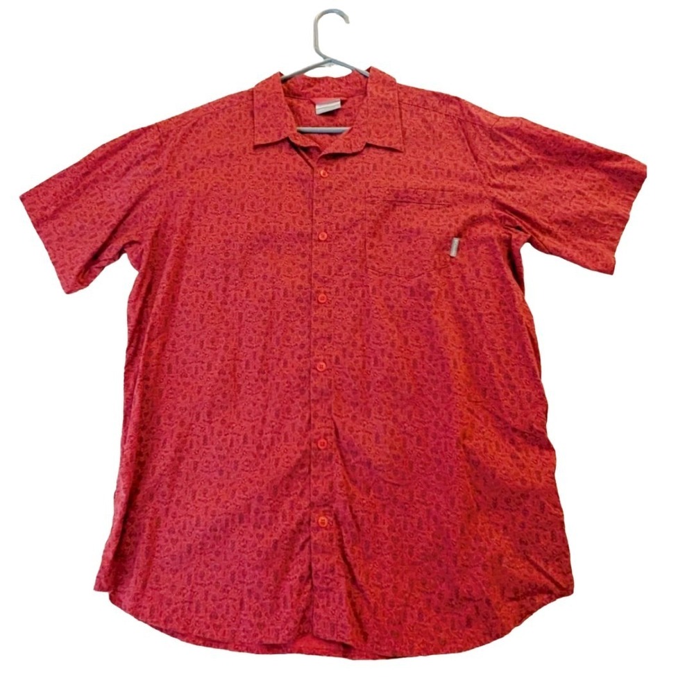 Columbia Men's Camping Graphic Short Sleeve Shirt Red Button Down Size M‎